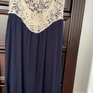 Navy top with Cream Lace Detail